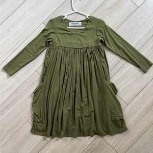 Remie Girl Olive Green Long Sleeve Day Dress with Pockets, size 5